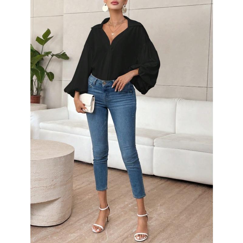 Loose Lantern Sleeve Blouse With Polka Dot Half Open Collar