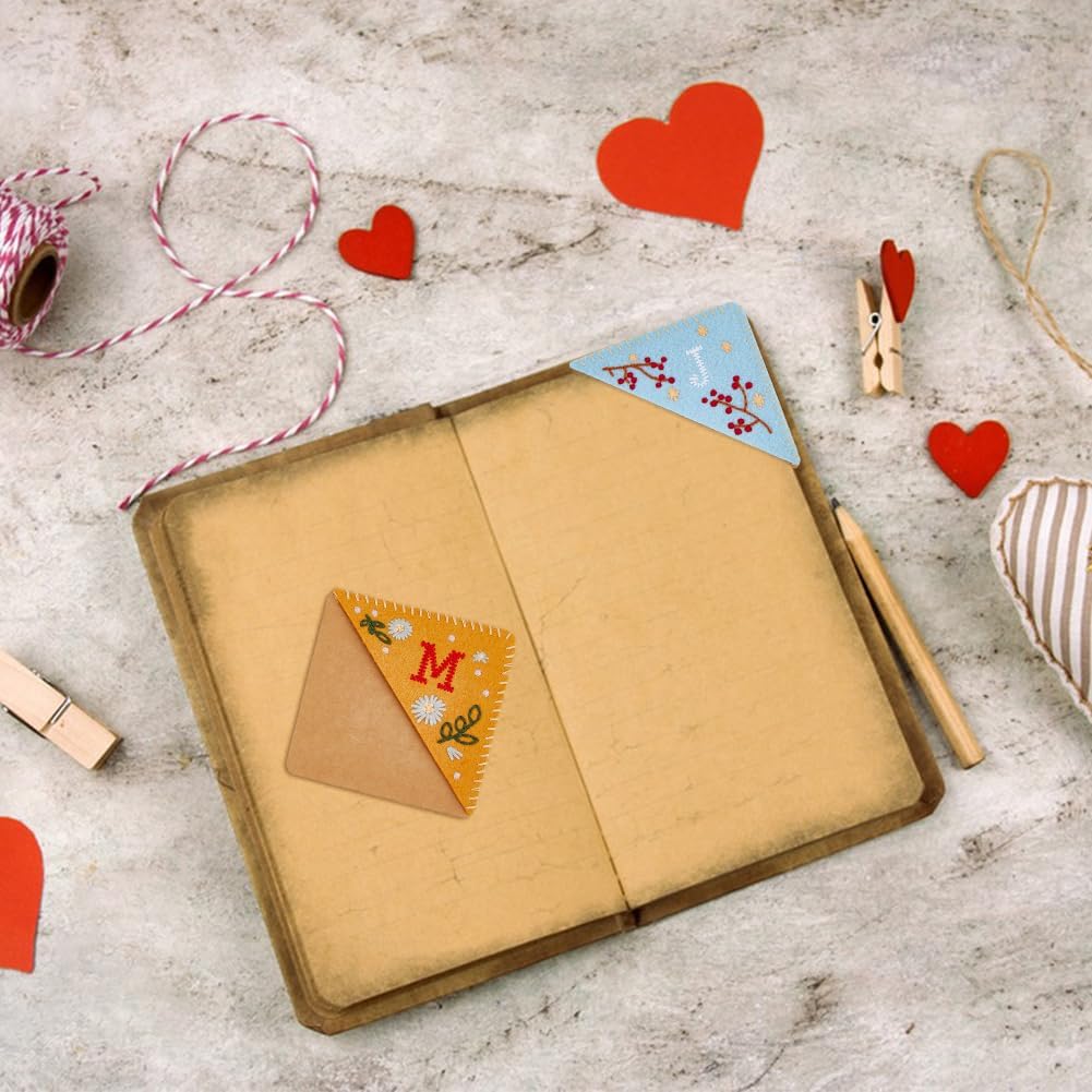 2 Styles Embroidered Corner Bookmark Hand Stitched Felt Corner Letter Bookmark Cute Flower Letter Embroidery Bookmarks Letter M J Triangle Bookmarks