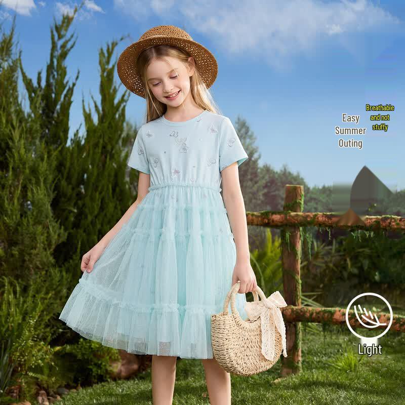ASK JUNIOR Girls' Short-Sleeve Mesh Patchwork Princess Dress