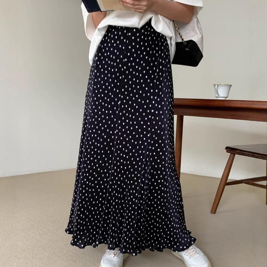 High Waist Polka Dot Long Skirt for Women Elegant Boho Beachwear Big Hem Ruffled Pleated Loose Fit  Style
