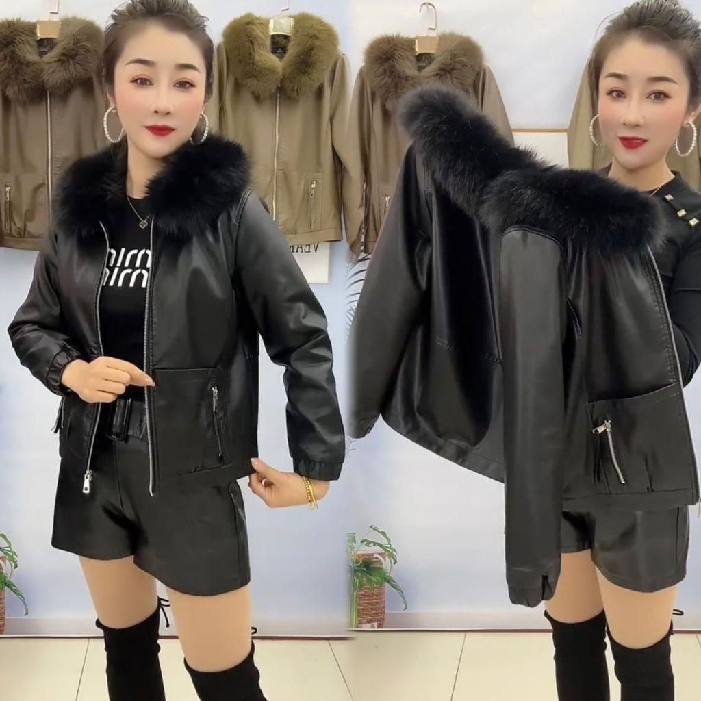Large Fur Collar Plus Fleece Thick Leather Coat Women Autumn and Winter New Fashion All Match Warm Coat Women Leather Jackets