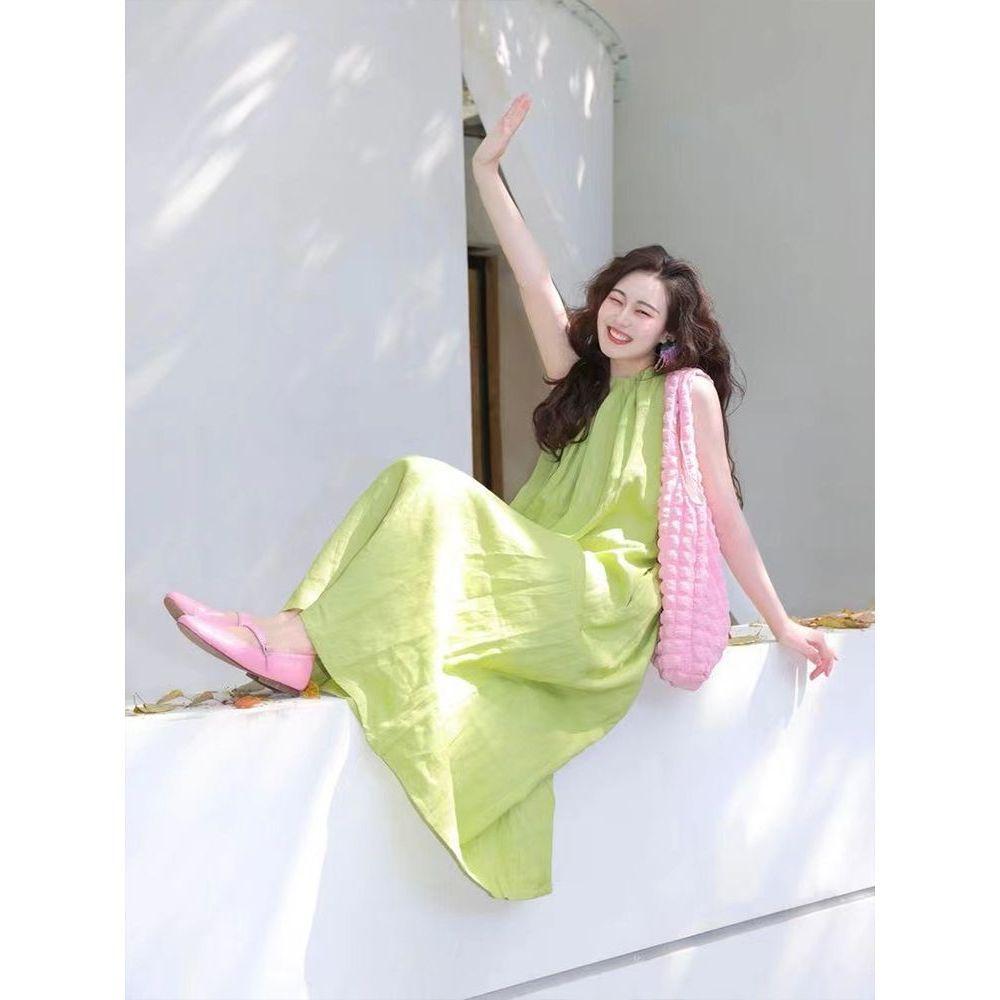 Women's seaside vacation premium skirt French retro coffee break sleeveless neck avocado green dress summer