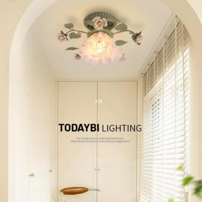 Japanese Pastoral Ceiling Lights Rose Wrought Iron Flower Lamp Porch Aisle Mount Ceiling Lamps Kitchen Home Lighting 110-265V