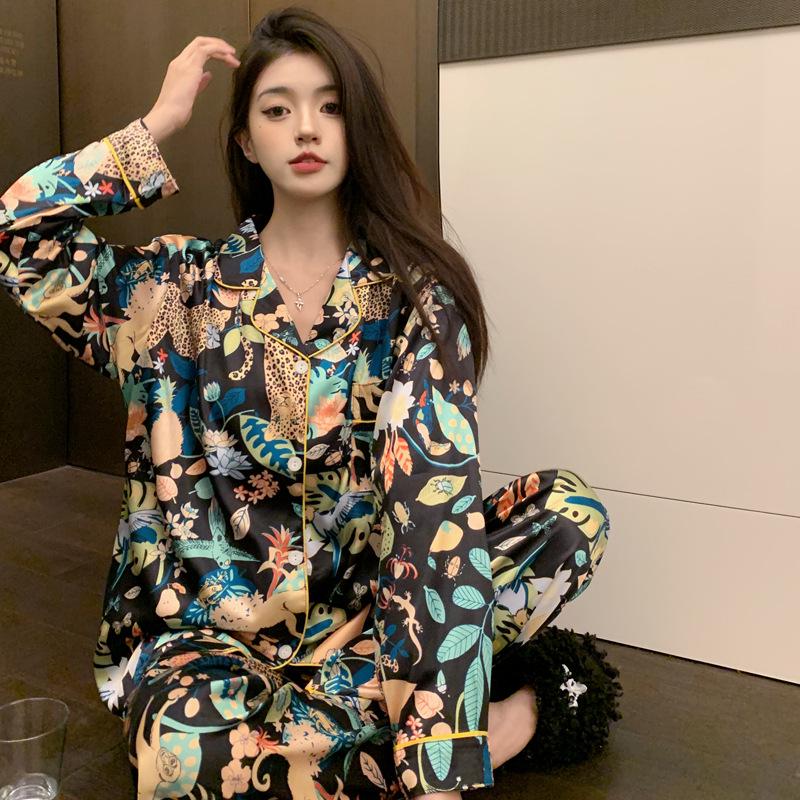 Women's Ice Silk Pajama Set: Long Sleeve Cardigan & Pants