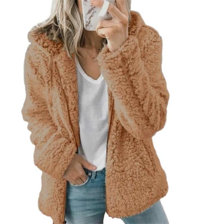 Warm Hooded Fleece Long Sleeve Women Plush Fur Coat Jacket Wool Cardigan