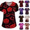 Women V Neck Loose Fit Printed Short Sleeve Top with Pockets Halloween Themed Bat and Cloud Pattern Comfortable Scrub Shirt