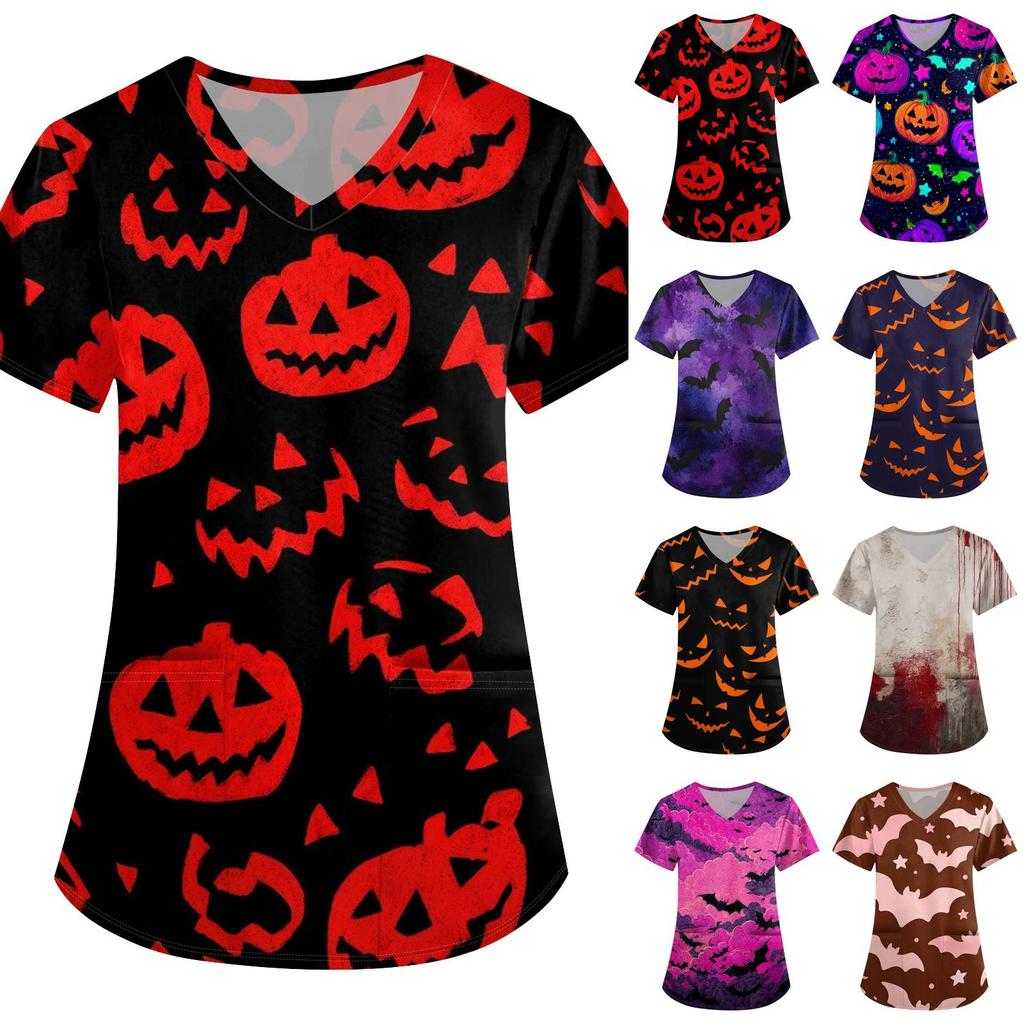 Women V Neck Loose Fit Printed Short Sleeve Top with Pockets Halloween Themed Bat and Cloud Pattern Comfortable Scrub Shirt