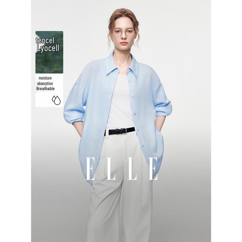 ELLE Women s French Textured Linen Tencel Embroidered Shirt L
