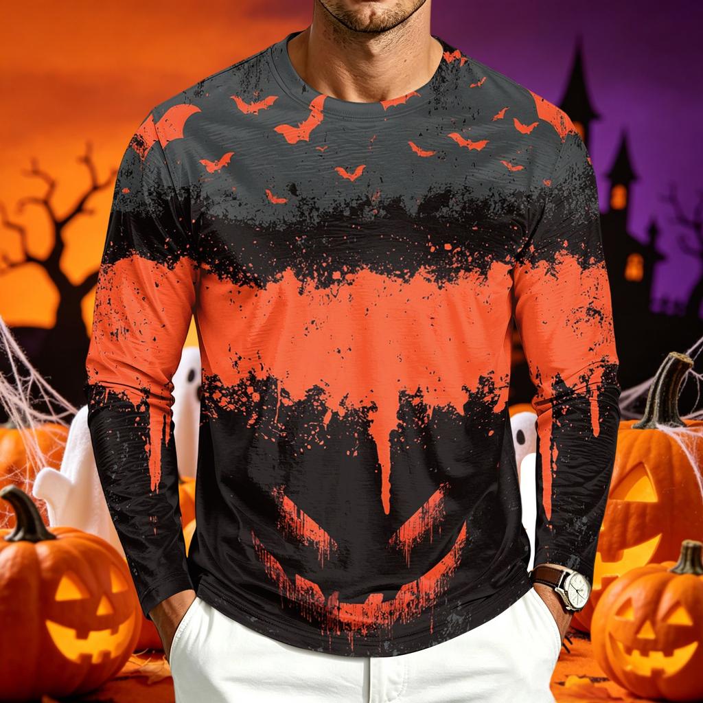 Men's Casual Long Sleeve Halloween Printed T-Shirt for Everyday Wear