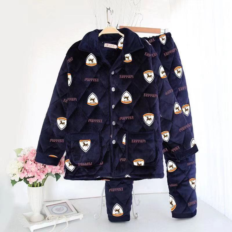 Men's pajamas autumn and winter thick padded jacket three-layer padded cotton winter warm loungewear suit casual style