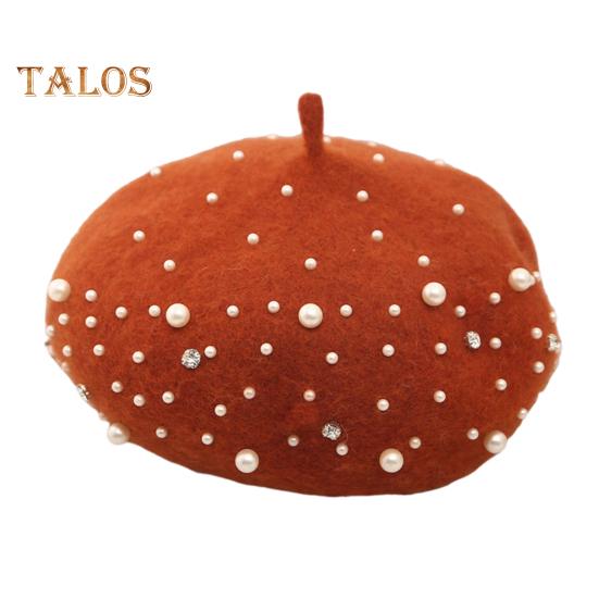 Women Beret Faux Pearl Rhinestone Decor Vintage English Style Woolen Hat No Brim Solid Color Adjustable Straps Pumpkin Cap
