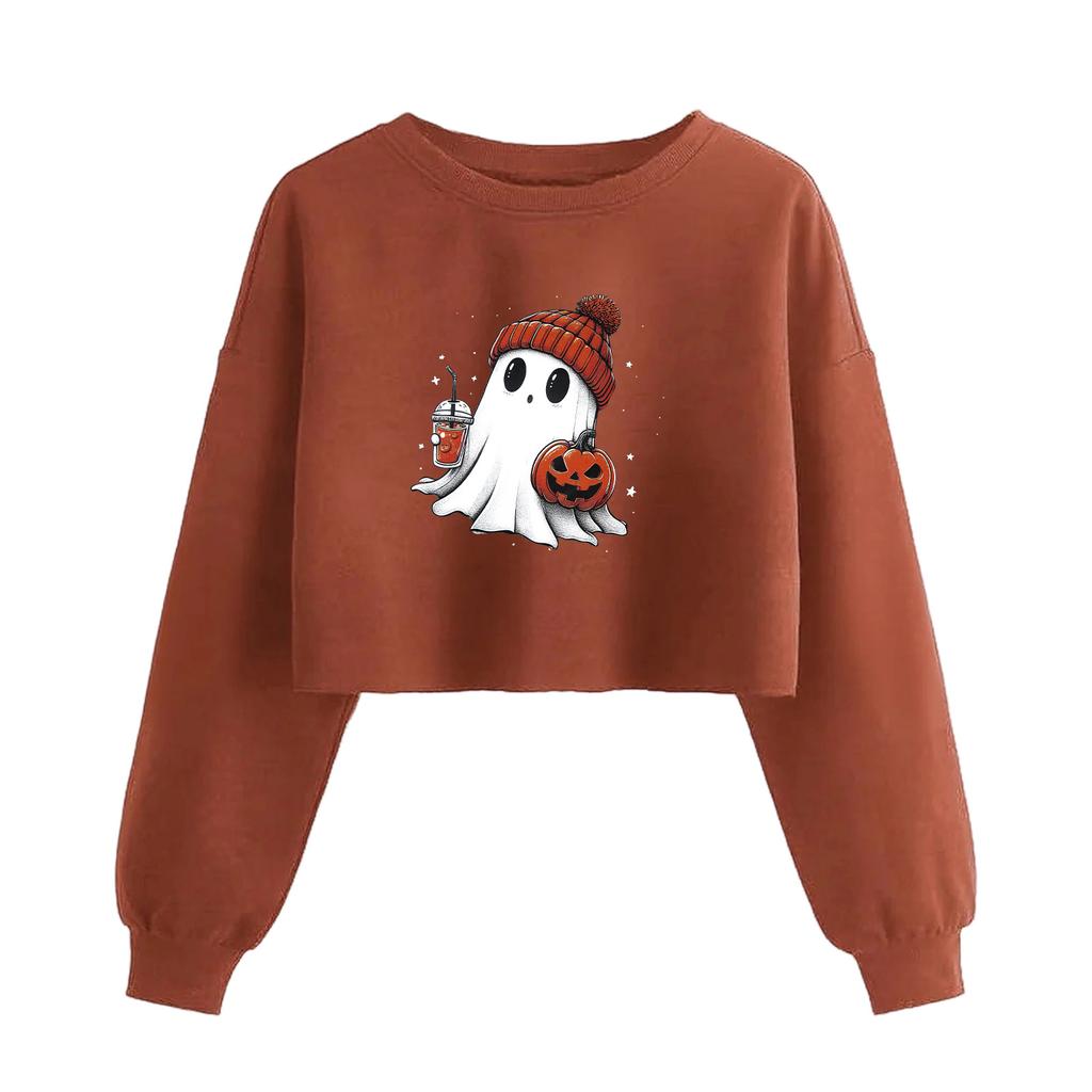 Women's Fashion Halloween Printed Navel-Exposed Long Sleeve Pullover Sweatshirt