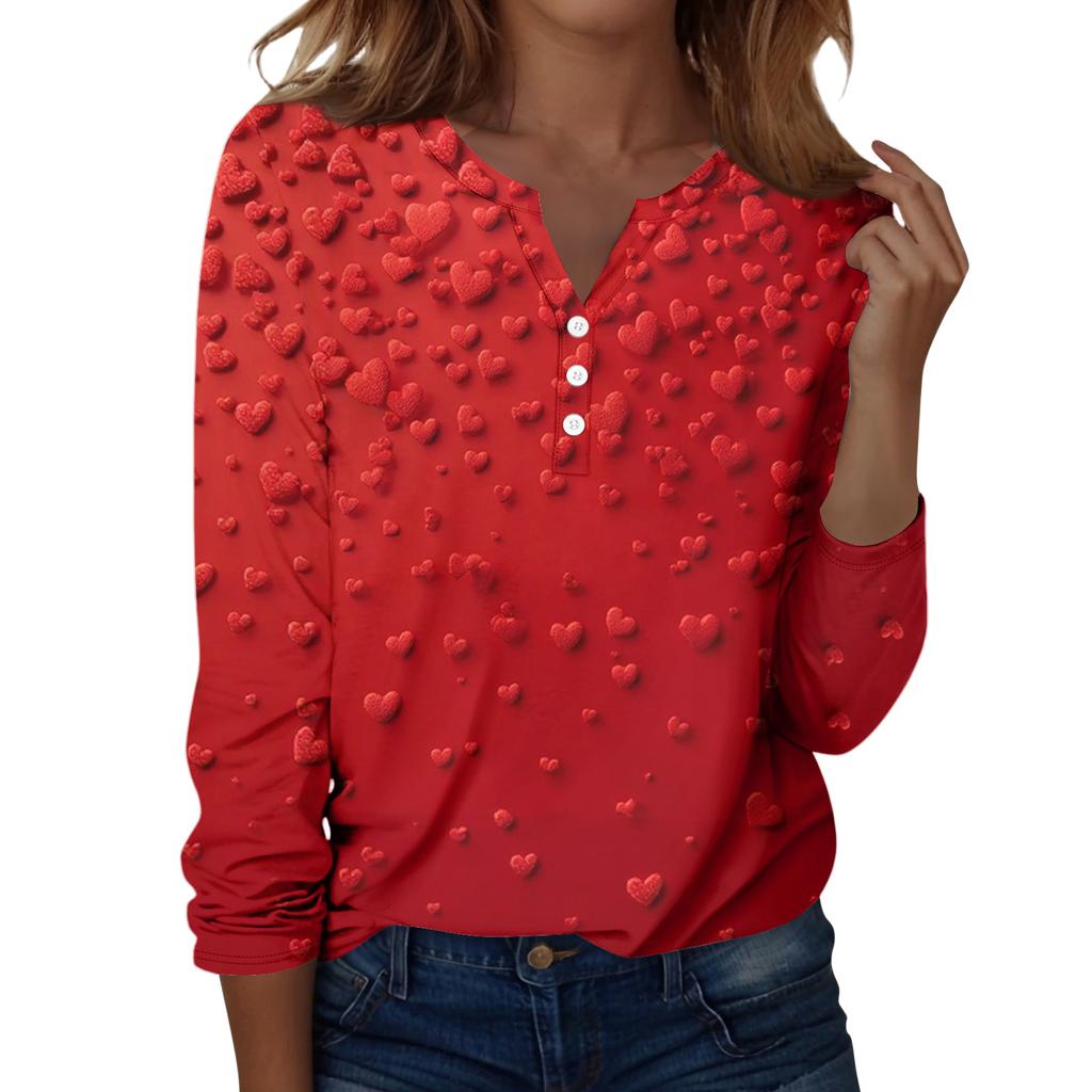 Damen T-Shirt mit Weihnachtsdruck, Knopfleiste, lange Ärmel, für den Alltag, Wochenende, modisch, Basic, V-Ausschnitt, normales Oberteil