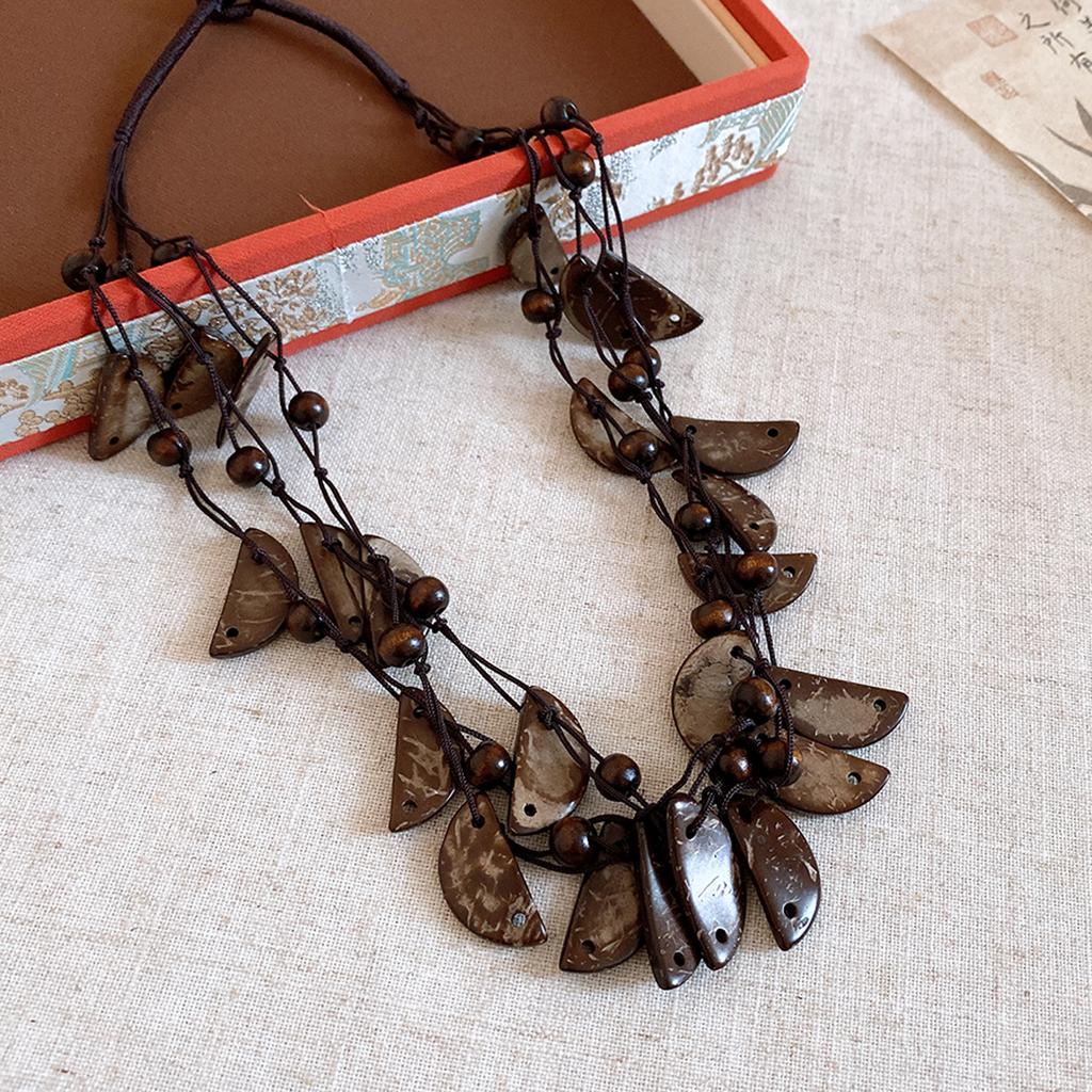 Bohemian Multi-layer Wood Bead Coconut Shell Flower Necklace Accessories Women's Exaggerated Sweater Chain Light Luxury Premium Sense Accessories