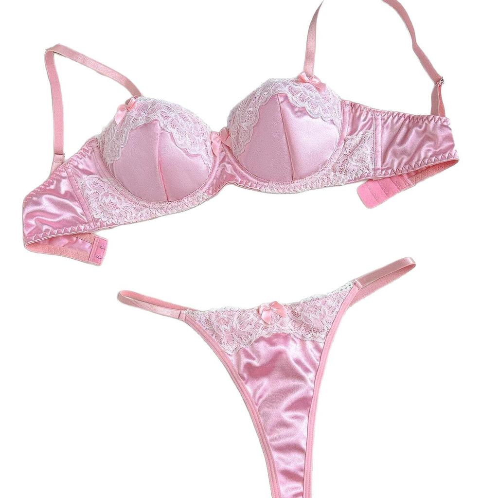 New European and American Bra Set Sweet Pink Lace Edge Slim Gathering Bra Sexy Underwear Set
