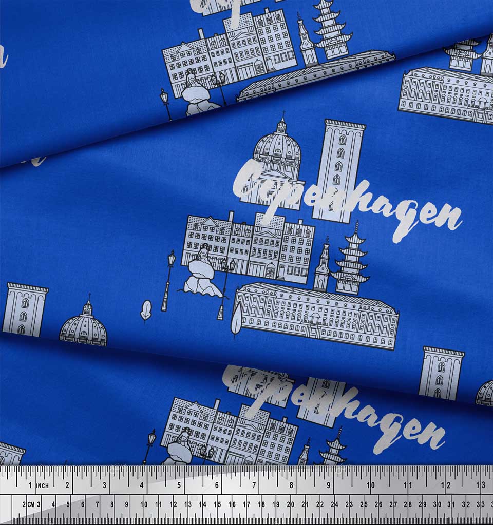 Soimoi Blue Japan Crepe Satin Fabric Sketch Monuments Architectural Printed Craft Fabric by the metre 42 Inch