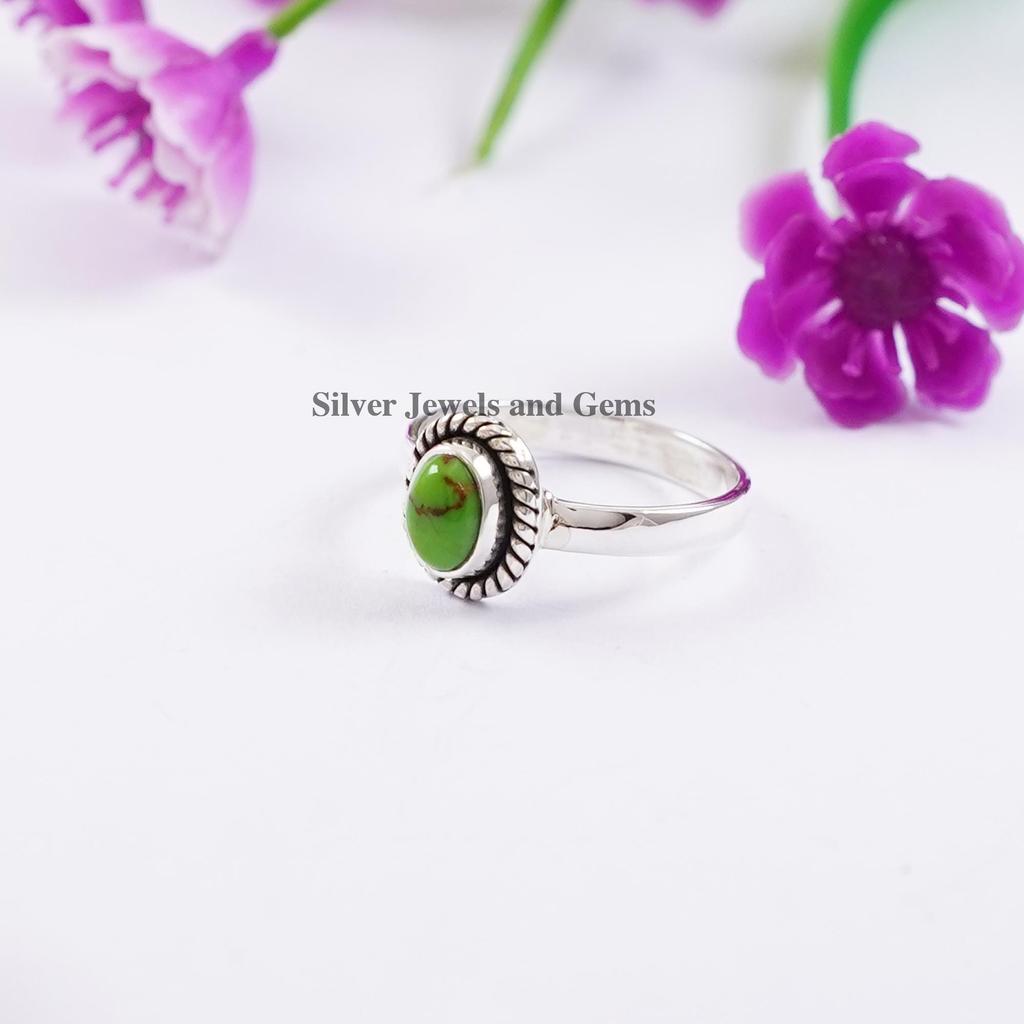 Oval Green Copper Turquoise Ring: 925 Sterling Silver December Birthstone Ring, Dainty Ring