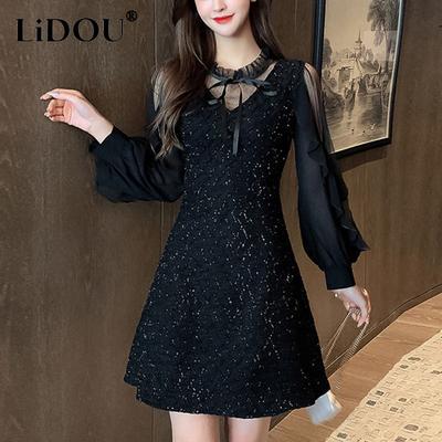 Printemps Élégant Mode Volants Patchwork Robe en Maille Dames Manches Longues Sexy Perspective Robes A-ligne Fête Robe Vestido