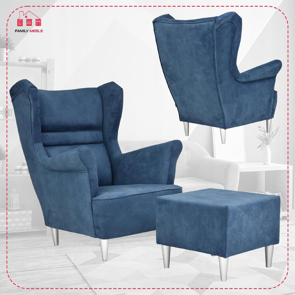 Zoja Wing Chair with Footrest Scandinavian Family Meble Navy Blue Jeans