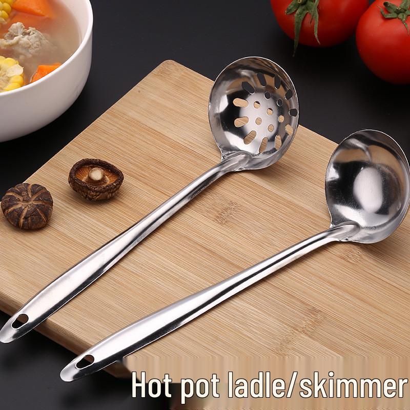 

Non-Magnetic Stainless Steel Hot Pot Ladle - Long Handle Colander Soup Spoon for Porridge Congee, 70% Full Capacity. Magnetic 6/10 Colander (Full Steel)