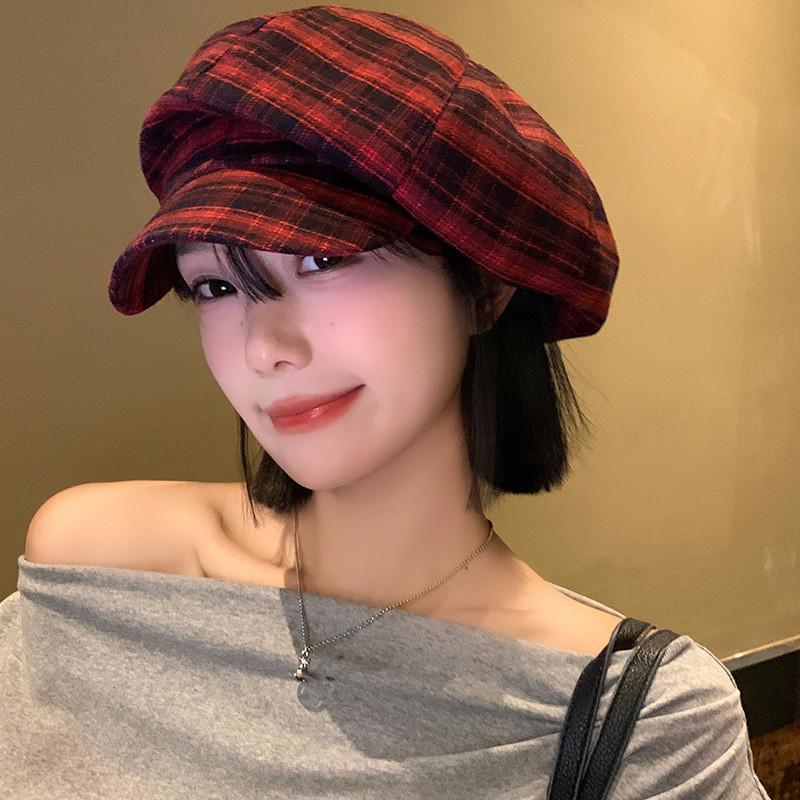 Vintage Red Plaid Cloud Beret Hat For Women Summer Casual Fashion Accessory