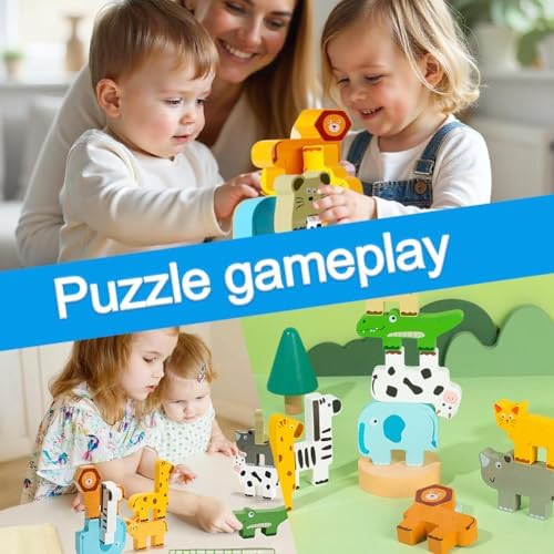 NTEVXZ 20 Pcs Wooden Animal Stacking Toys, Colorful Stacking Blocks, Educational Learning Toys with Storage Bag for Toddlers Kids