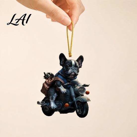 Acrylic Flat Pendant Puppy Riding Motorcycle Car Pendant 2D Rearview Winter Holiday Decor Mirror Hanging Charm Christmas Decoration Auto