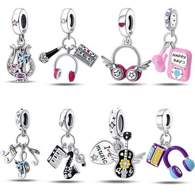 100% 925 Prata Esterlina Punk Guitarra Saxofone Música Charms Beads FitNew Original Pulseiras Colares Fino DIY Jóias Presente