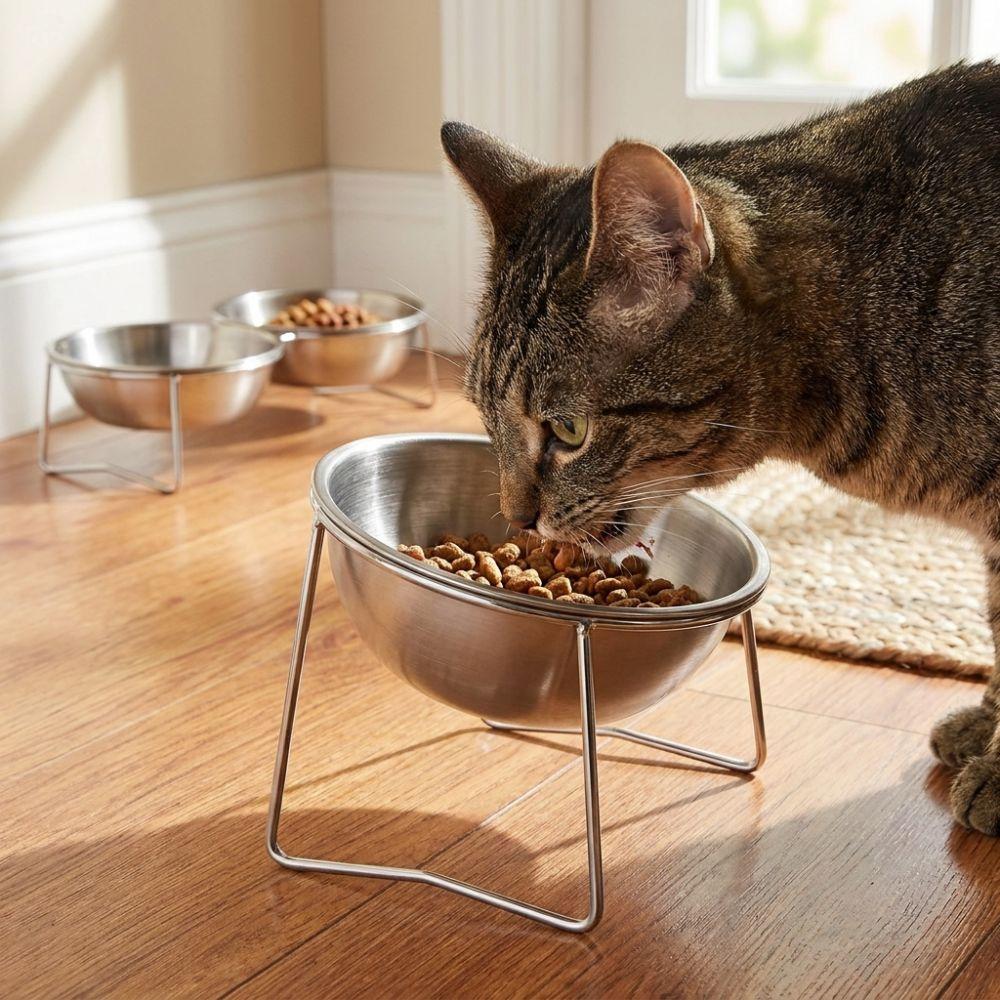 Large Capacity Stainless Steel Cat Bowl Neck Protection Anti-Tipping Elevated Pet Food Bowl Nonslip Shatterproof