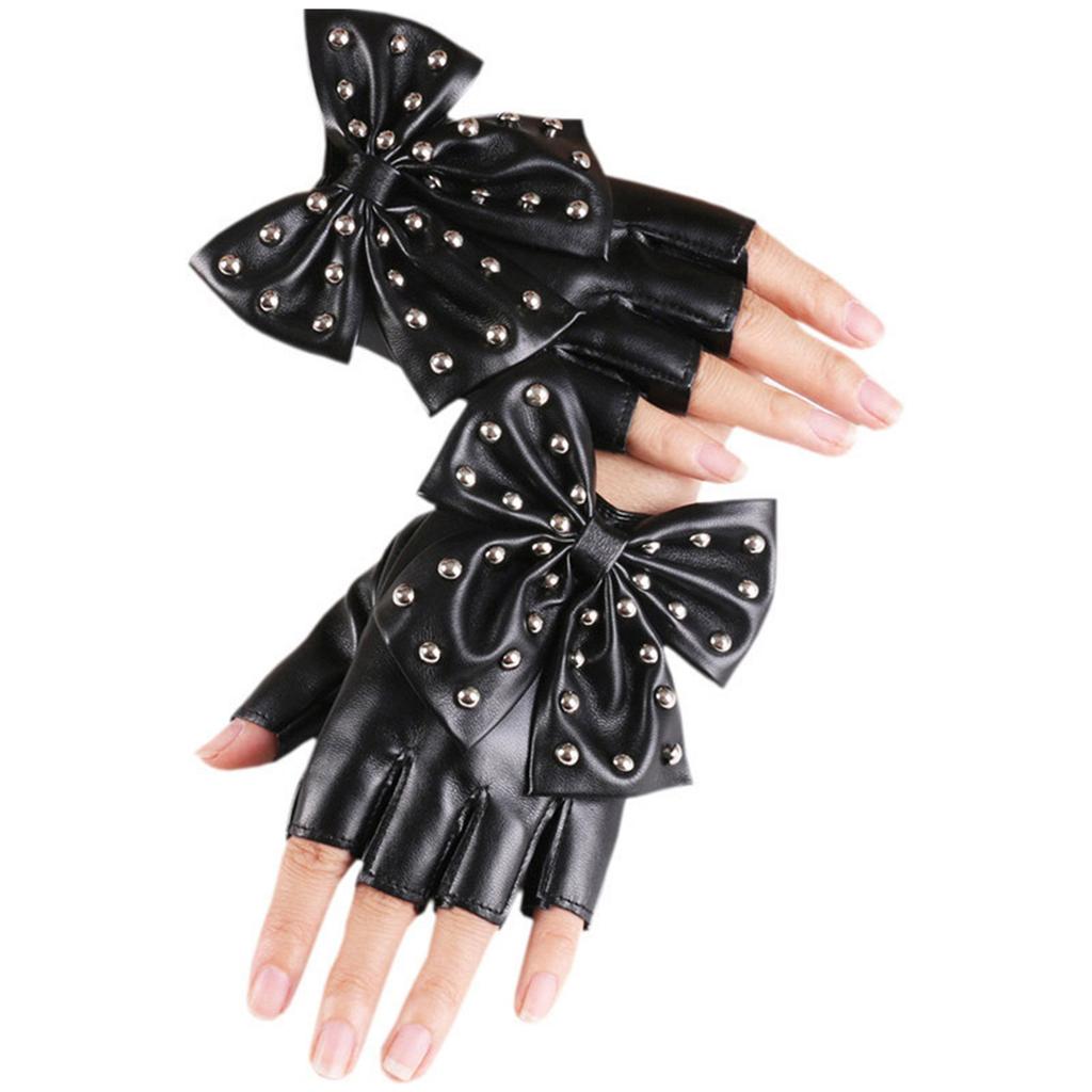 Women Bowknot Rivet Half Finger Gloves PU Leather Gloves For Nightclub Hiphop Dancing Wear And Stage Performances