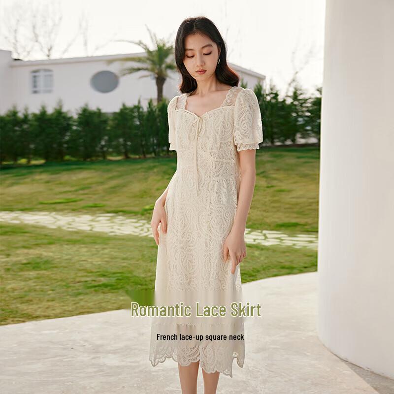 Xiangying Women's Lace Square Neck Puff Sleeve Dress