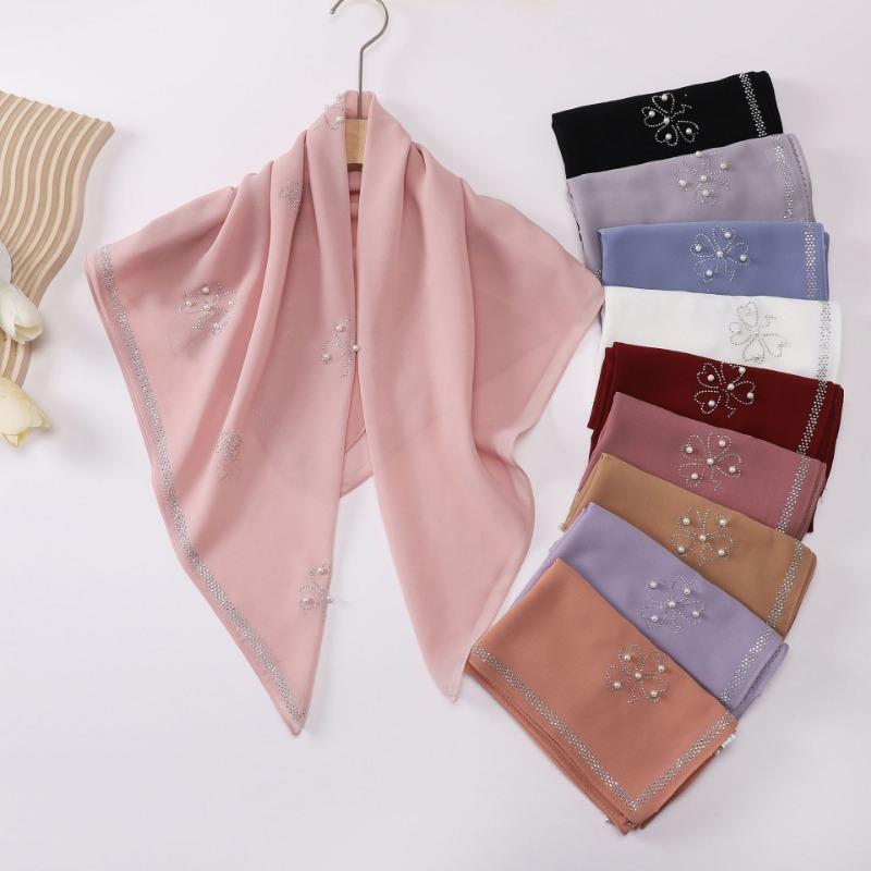 Pearl Chiffon Clover Rhinestone Beaded Ethnic Square Scarf For Women