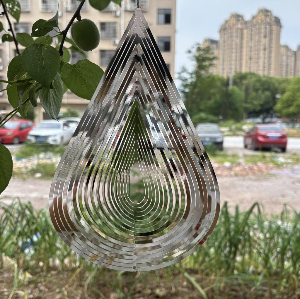 Colorful Silver Stainless Steel Raindrop Wind Spinner - 3D Foldable Ornament for Home and Balcony.