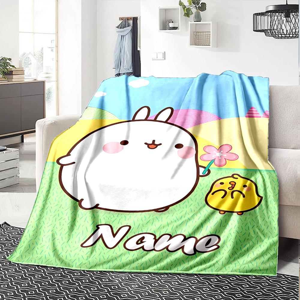 Customiz Name Personality Molang Blanket Soft &Warm Sofa Office Bed Travel Lunch Break Blanket, Gift Suitable All Seasons