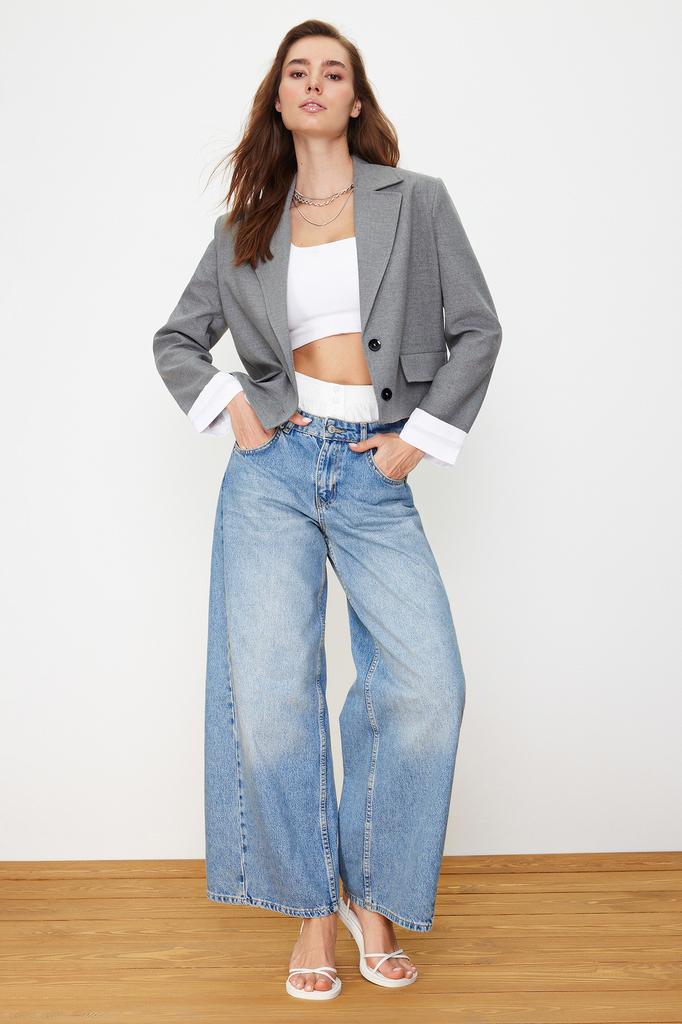 Damenmode Neue Blazerjacke Anthrazit Ärmelmanschette Detaillierte gewebte Blazerjacke