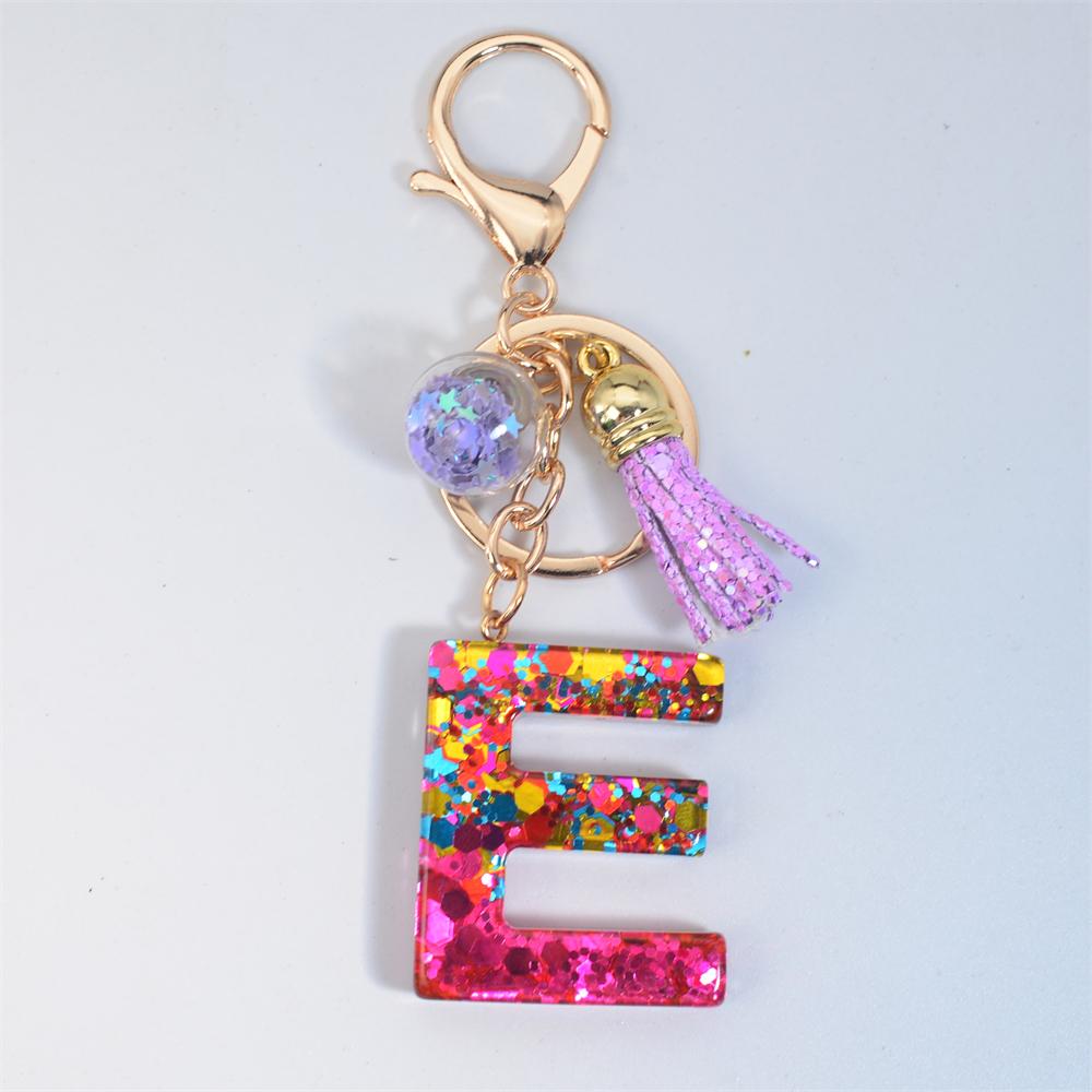 Fashion Tassel Star Ball 26Letters Keychain Colorful Sequins Resin Key Ring for Women Girls Car Handbag Phone Case Pendant Gifts