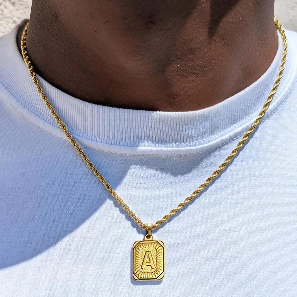 18K Gold Stainless Steel 26 Letter Pendant Necklace with Twisted Chain - Hip Hop Style