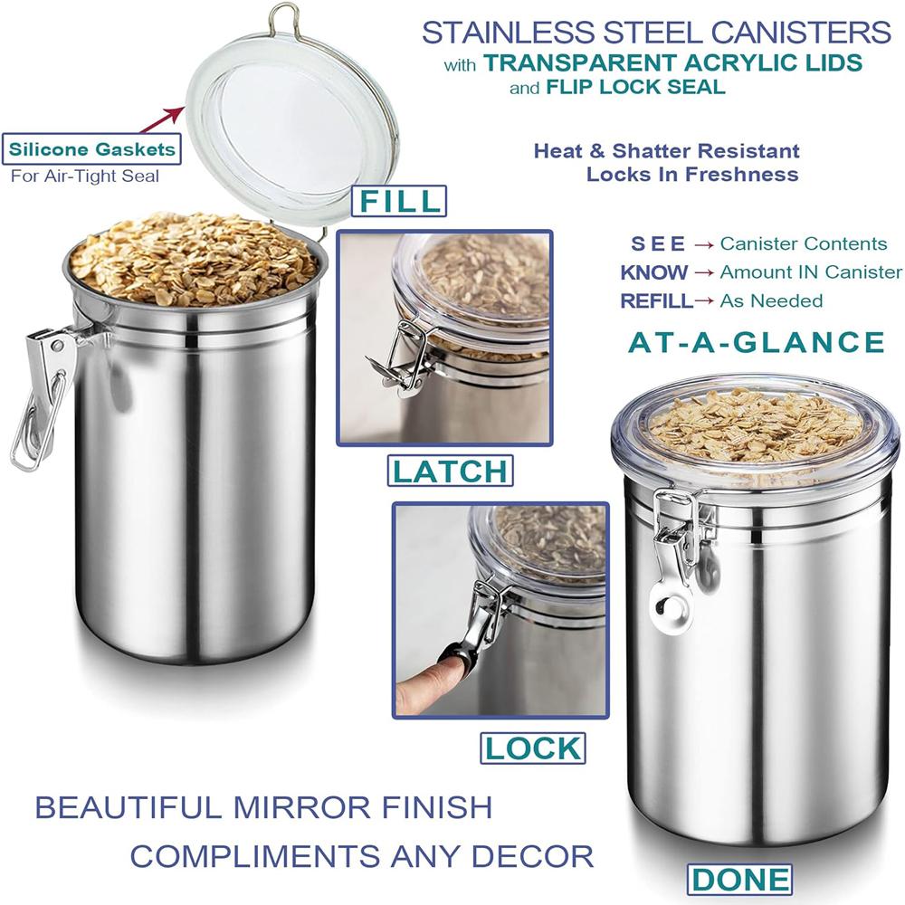 Stainless Steel Canister Set with Lids - Airtight Food Storage Canisters for Kitchen Counters, Tea, Sugar, Flour, Coffee Beans