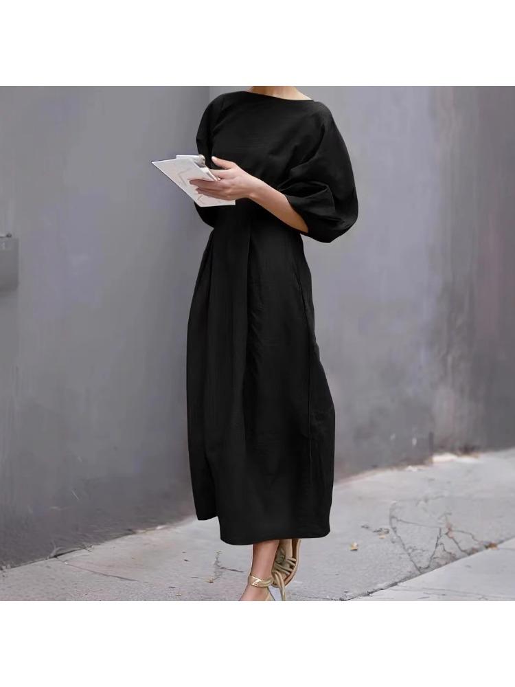 

Spring Summer Women s Solid-Colour Loose-Fitting Casual Round-Neck Puff-Sleeve Elegant Long Dress XXL чорний