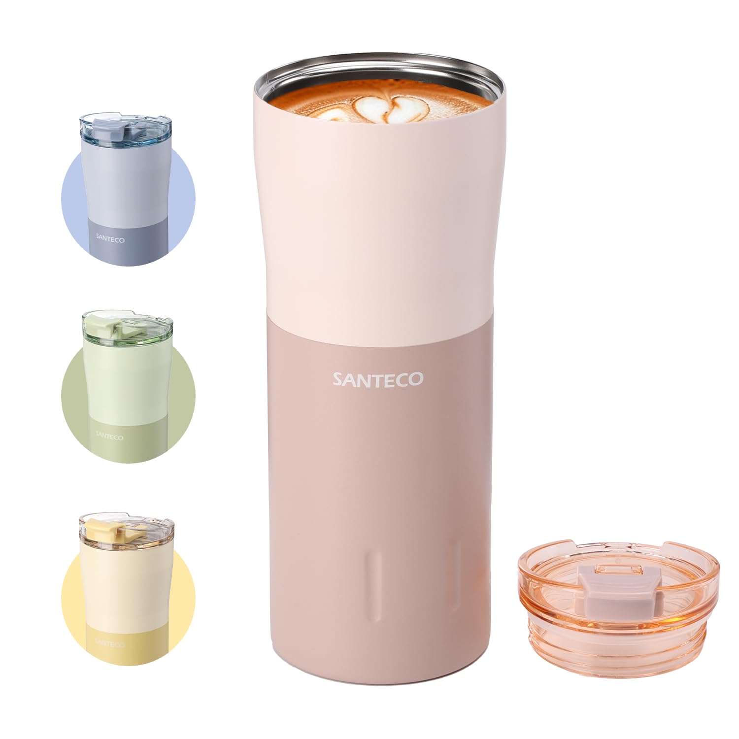 

SANTECO 500ml Stainless Steel Vacuum Insulated Tumbler with Keeps Hot or Coffee Water Outdoor Light Pink Wide-Mouth Lid, Cold, Cup, Bottle, Mug, Car,