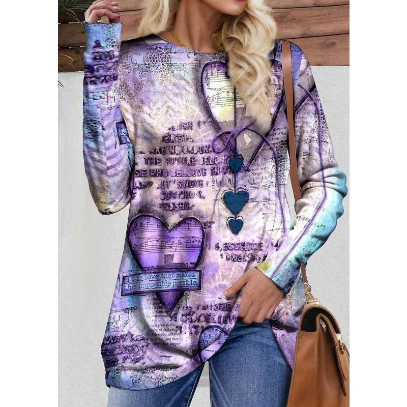 Spring and Autumn Round Neck Heart and Text Graphic 3D Printed Top Fashionable Casual Long Sleeved Women's T-shirts