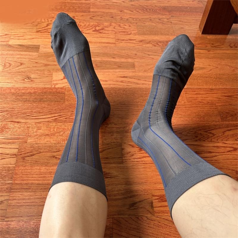 Mens Thin Dress Socks Silk Sheer Business Socks Contrast Color Ribbed Striped Pattern Middle Calf Socks for Formal Event