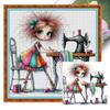 Full Embroidery Eco-cotton Thread 11CT Printed Line Girl Cat Cross Stitch Kit Artwork 40x40cm/ 45x45cm Home Docor for Friend