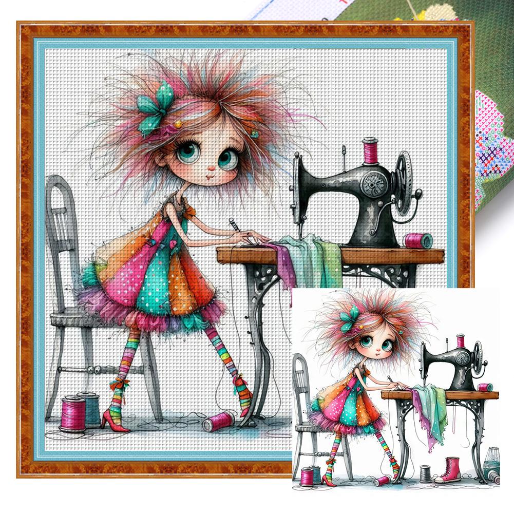 Full Embroidery Eco-cotton Thread 11CT Printed Line Girl Cat Cross Stitch Kit Artwork 40x40cm/ 45x45cm Home Docor for Friend