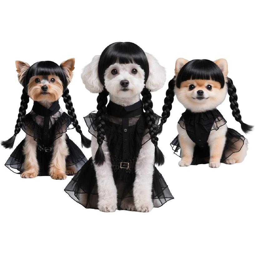 3pcs Dog Clothes for Small Dogs Puppy Costumes with Wig and Belt Black Pet Dog Dress Outfit for Dogs Cats Cosplay Halloween Birthday Party AN002S