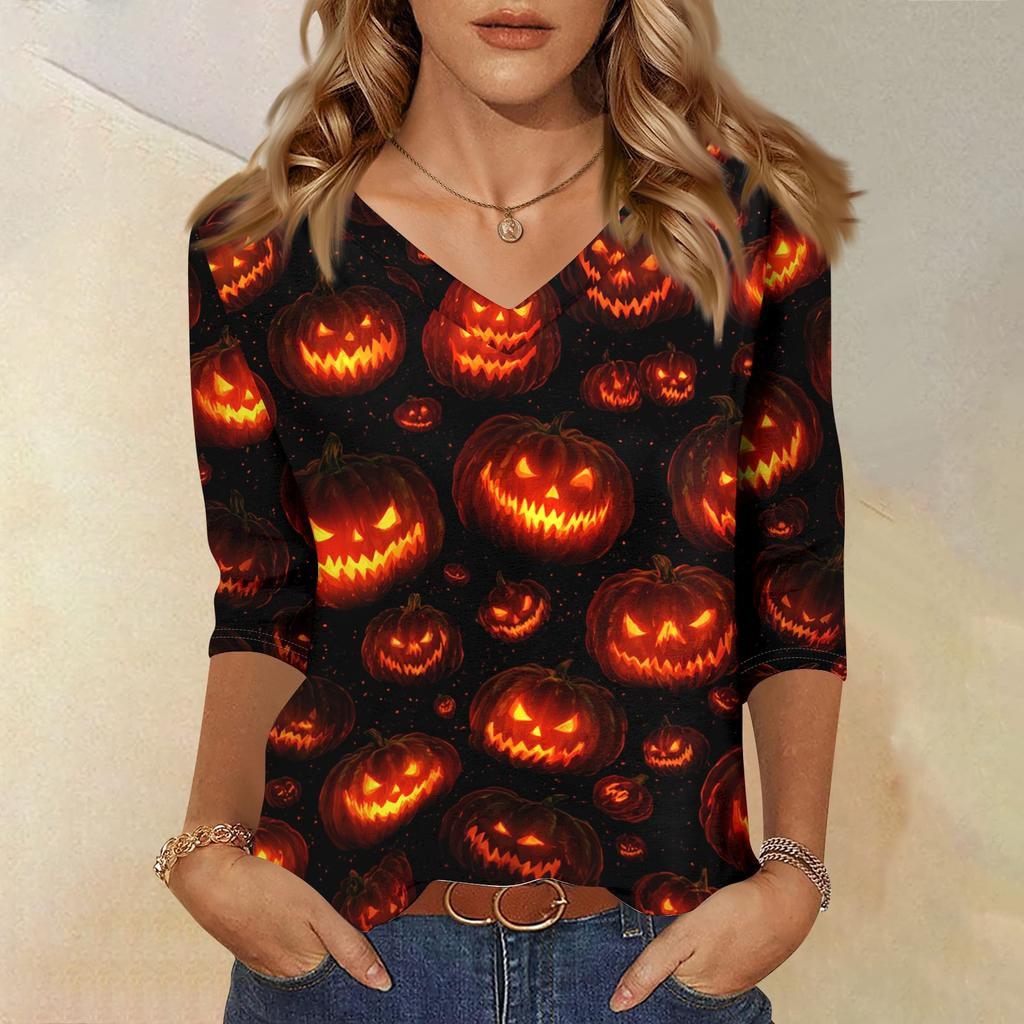 Women's Casual Halloween Print V Neck Top Three Quarter Sleeve Lightweight Blouse for Seasonal Wear