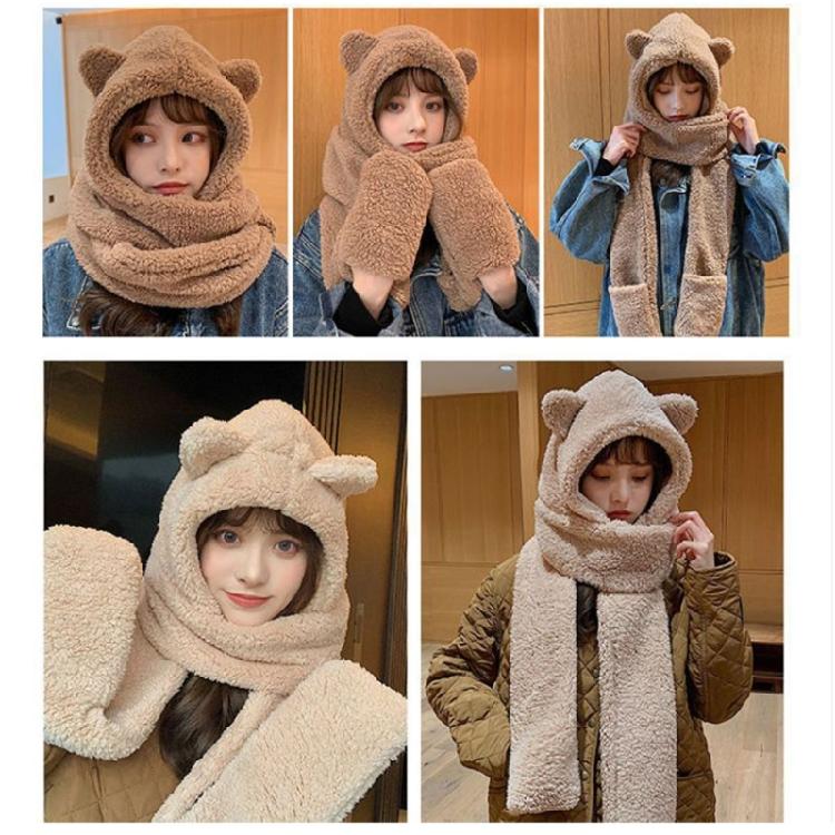 3 In 1 Girl Scarf Bear Hat Furry Caps Scarf with Gloves Set Winter Warm Headgear for Casual Outdoor Wear