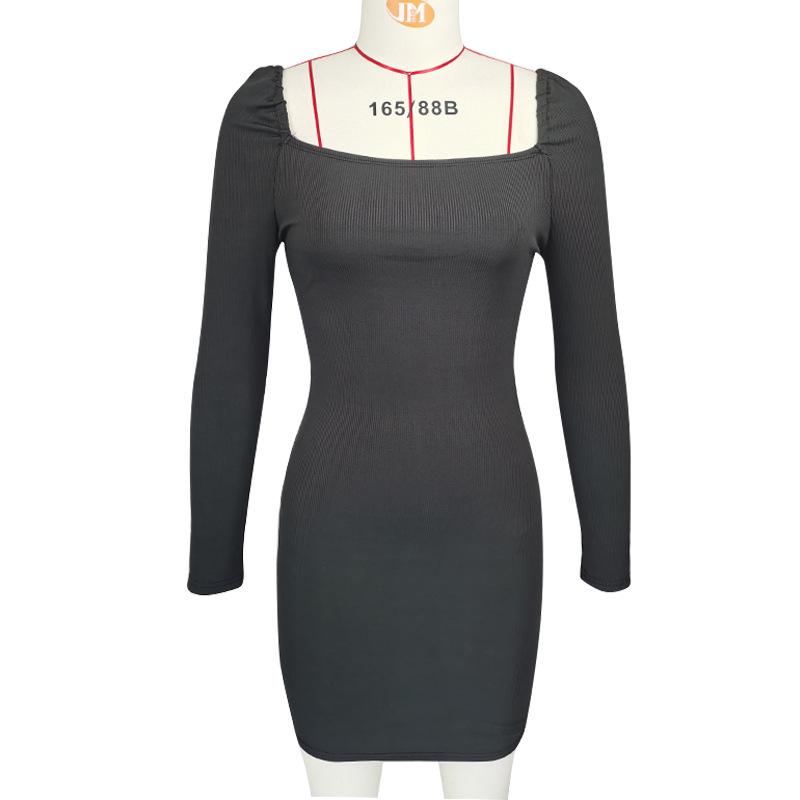 2024 Evropské a americké dámské šaty s dlouhým rukávem, čtvercovým výstřihem a nabíranými rukávy, slim střih