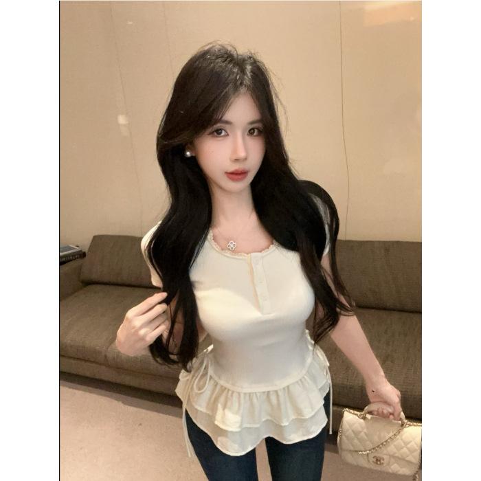 Summer shoulder cover meat and thin short-sleeved T-shirt women's Korean sweet wind ruffle leaf edge lace splicing top ins