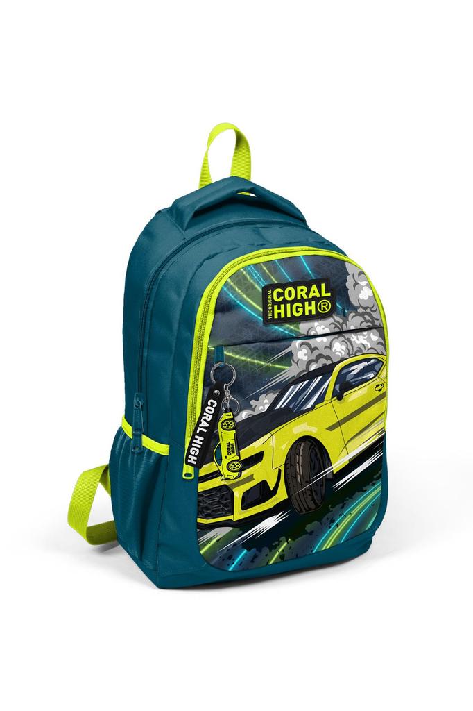 Dětský školní batoh Coral High s olejovým fluorescenčním žlutým vzorem autíček, tříkomorový, USB, 24319